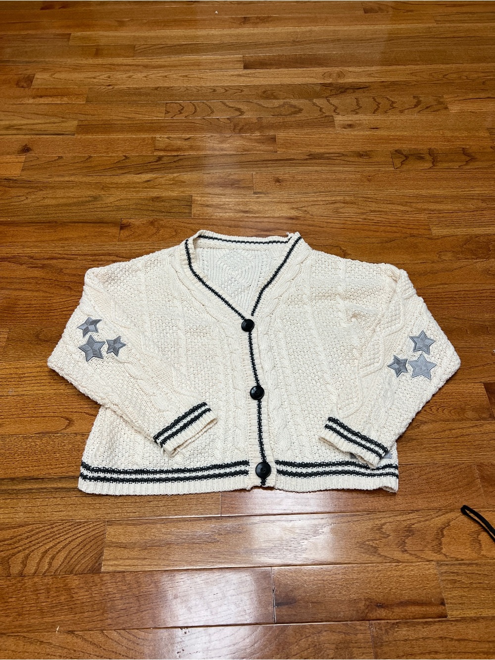 Cream Cable Knit Button-Front Cardigan with Navy Trim Taylor swift folklore